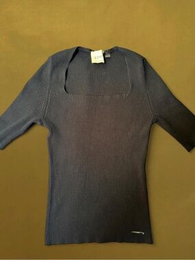 Elie Tahari Navy Ribbed Square-Neck Knit Top